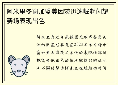 阿米里冬窗加盟美因茨迅速崛起闪耀赛场表现出色